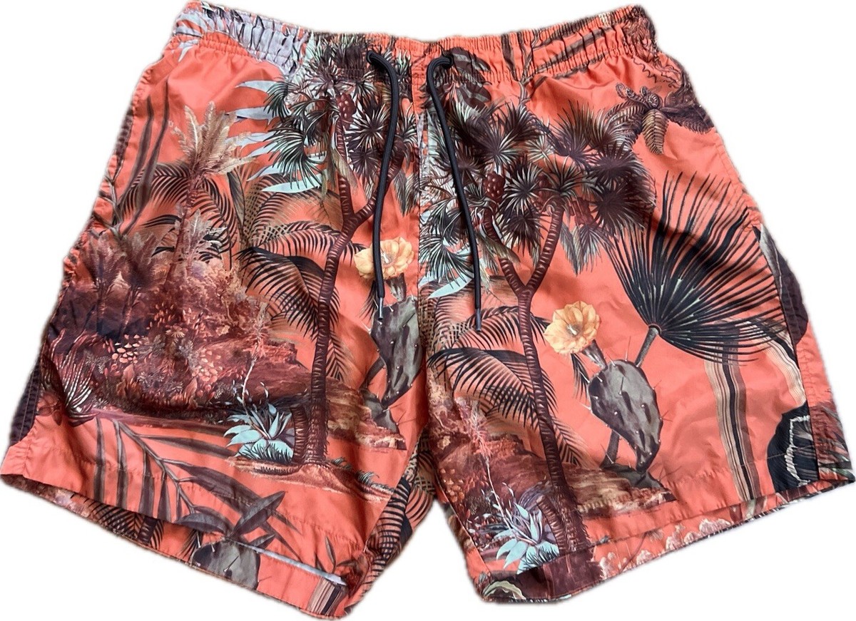 H&M Men’s M Lined Orange Hawaiian Swim Trunks Shorts Beach Cactus Palm  Trees AOP