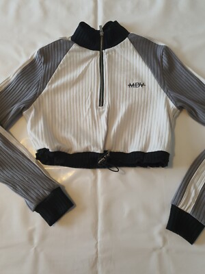Maniere de Voir geripptes bauchfreies Track-Top weiß/grau Größe 10