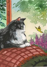 ACEO PRINT of PAINTING RYTA FOLK ART TUXEDO CAT BUTTERFLY WHIMSICAL FLOWERS TREE