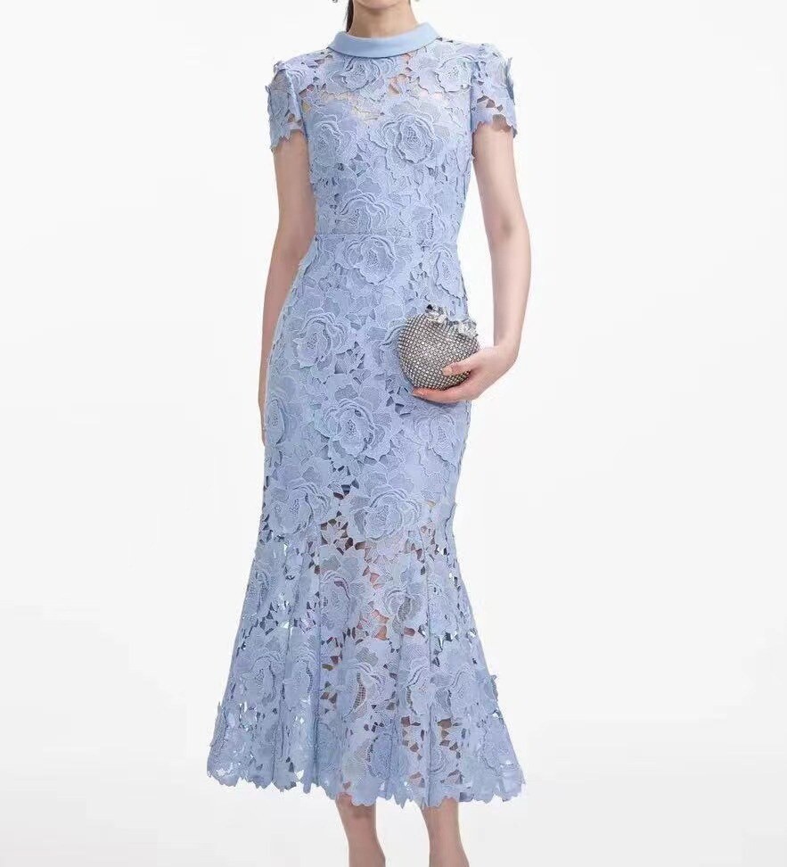 Self-Portrait Lace Hollow out Embroidery stitching  stand-up collar dress