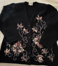 Vintage ‘90 Susan Bristol hand embroidered floral with beads black cardigan