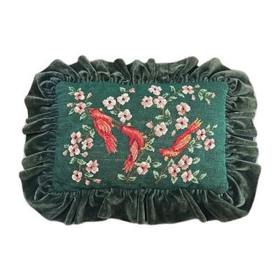 Vintage Needlepoint Bird Pillow Forest Green Cardinals Floral Ruffle Trim