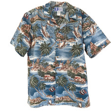VTG RJC Cool Blue Tropical Ocean Hawaiian-Made Shirt Short Sleeve Men  s Large