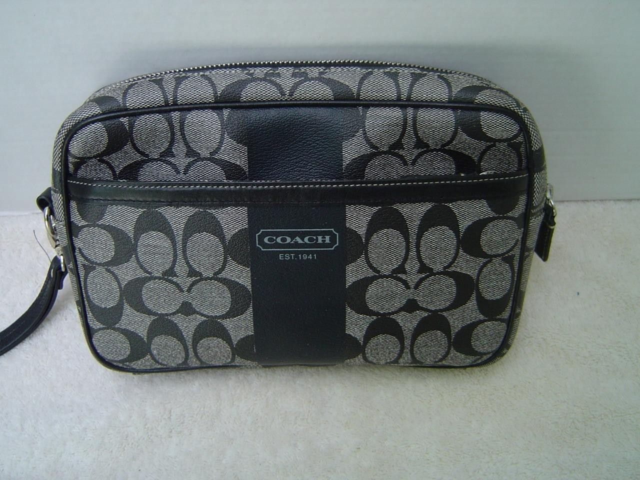 Authentic Coach Mens Black And White Signature Stripe Large Pouch  #77277 Vgc