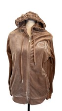 Calvin Klein Womens Velour Hoodie M Brown Rhinestone Logo Zip Up Jacket Soft