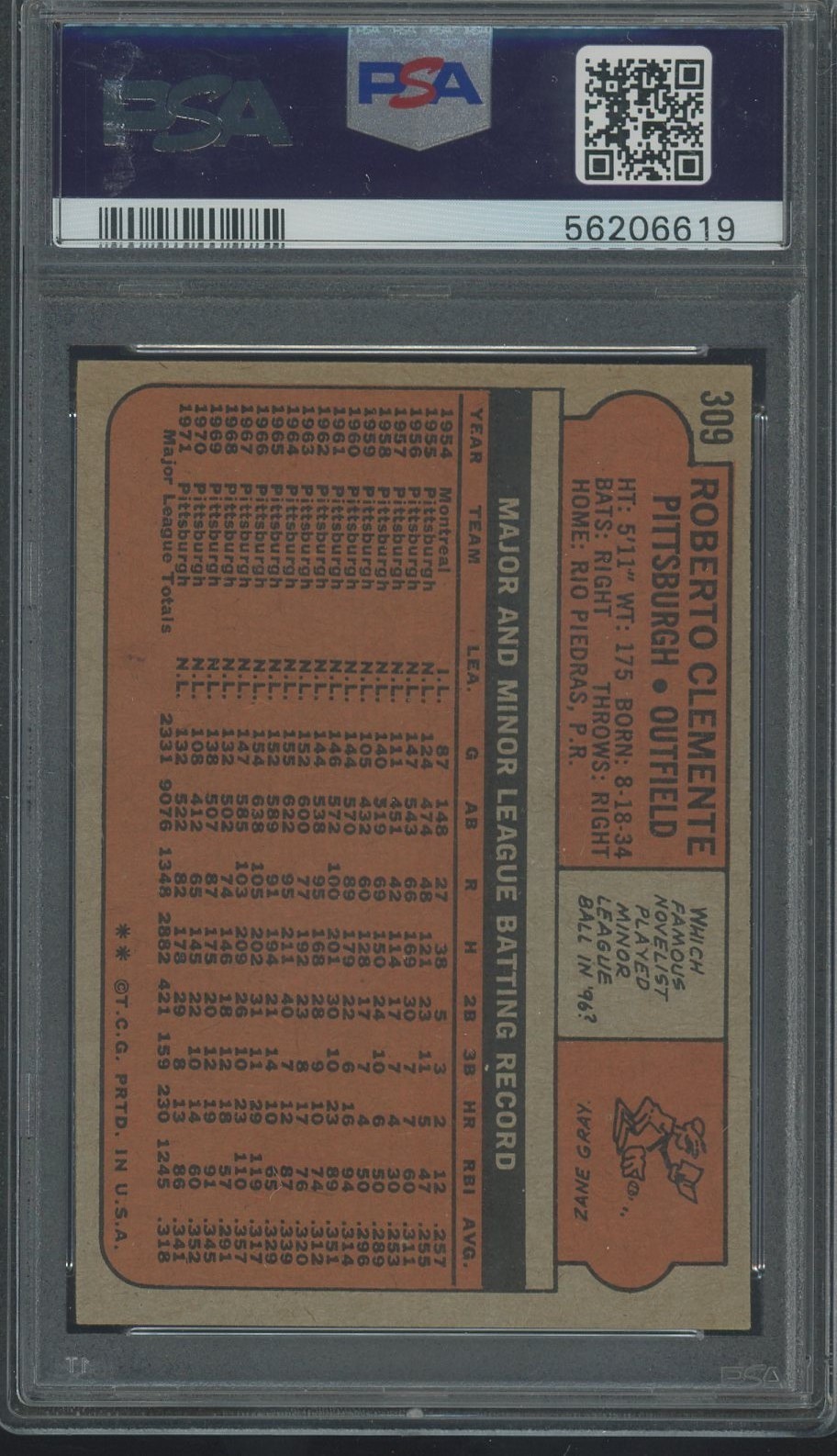 1972 Topps #309 Bob Roberto Clemente Pittsburgh Pirates HOF PSA 7 NM view 2