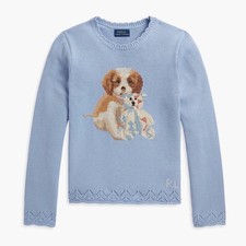 Polo Ralph Lauren Sweater Girls Size 6 Light Blue Intarsia Dog Crewneck