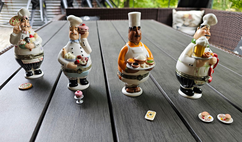 A quirky vintage trinket box set from the niche 'Cooking Club of America' — complete with chef charms that feel like a tiny, forgotten culinary society time capsule.