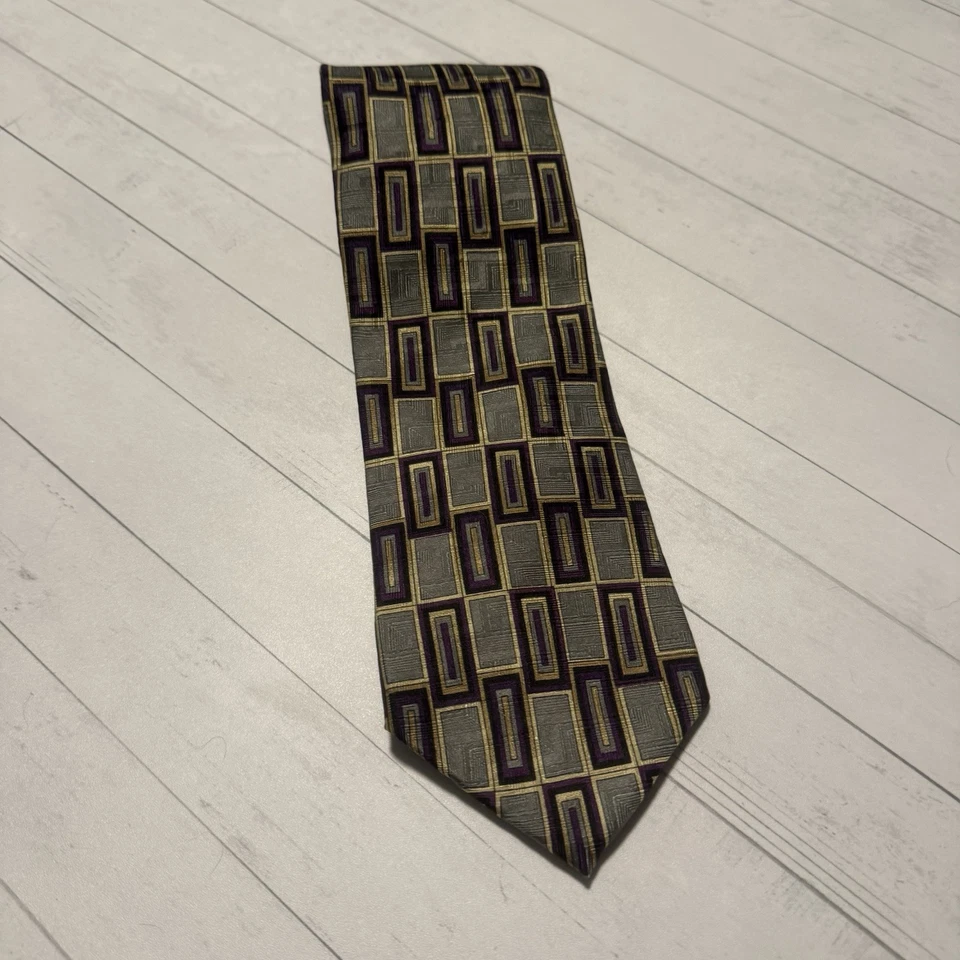 Corbata de seda Louis Roth estampado rectangular geométrico púrpura dorado gris 3,75x57 hecha en EE. UU. Foto 2 de 4