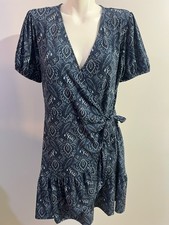 Michael Kors Women XL Paisley Print Wrap Dress Below Knee Chambray New NWT