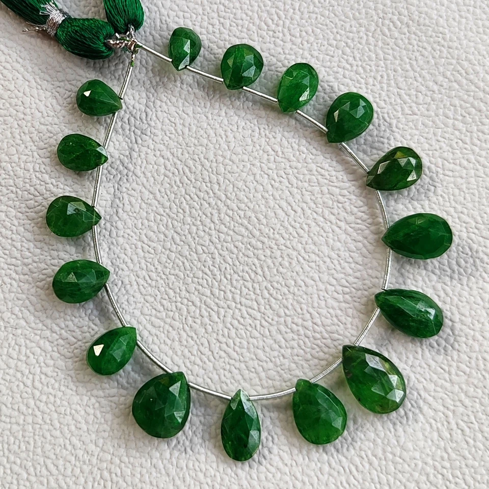 7" NATURAL Green Garnet Tsavorite Faceted Pear Beads Strand 10x7-13x9mm Tanzania - Image 3 of 4