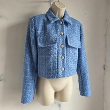 Vintage Cameo Rose Blue Bouclé Tweed Cropped Jacket – Gold Buttons – Size 8
