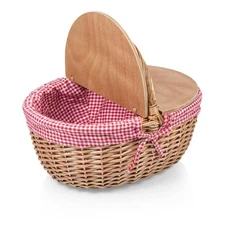 Picnic Time Picnic Basket Vintage Country Red Split Lid Washable Liner Wood Top