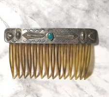 Vintage Native American Zuni Hair Comb Sterling Silver Turquoise Stone Sawtooth