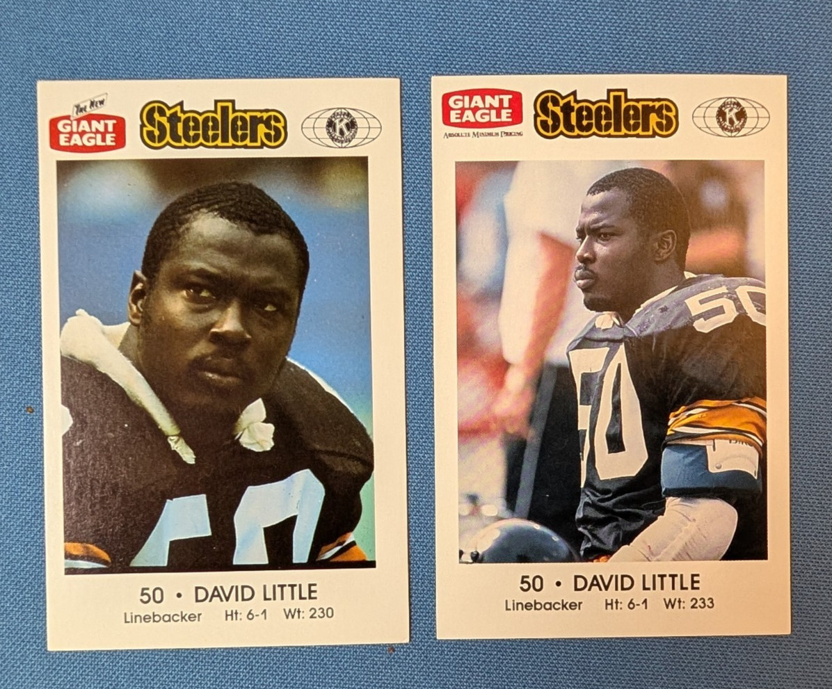 2 vtg Football trading cards PITTSBURGH STEELERS David Little #50 police Eagle