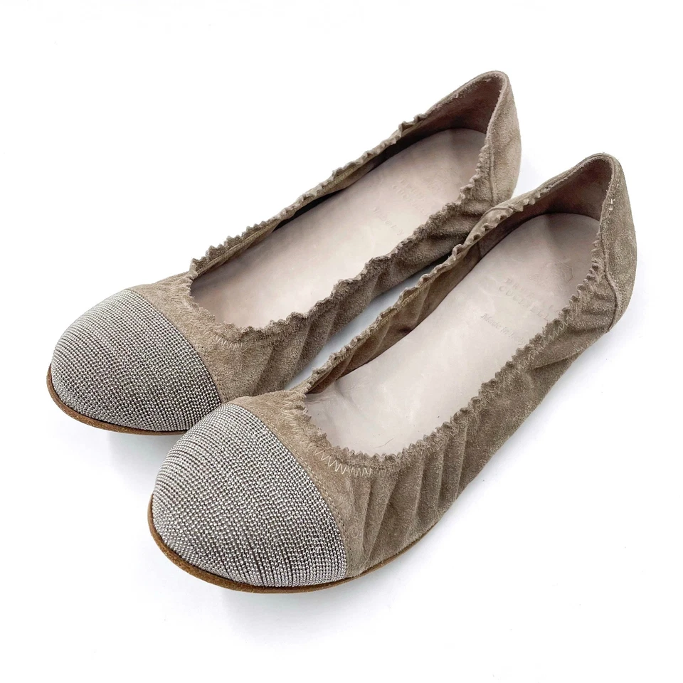 Brunello Cucinelli Ballet Pisos Taupe Gamuza Cuero Puntera Italia Talla 38.5 / 8.5 Foto 2 de 4