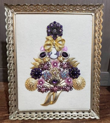 Vintage Jewelry Art Framed Christmas Tree 9 3/4''   X 11 3/4''