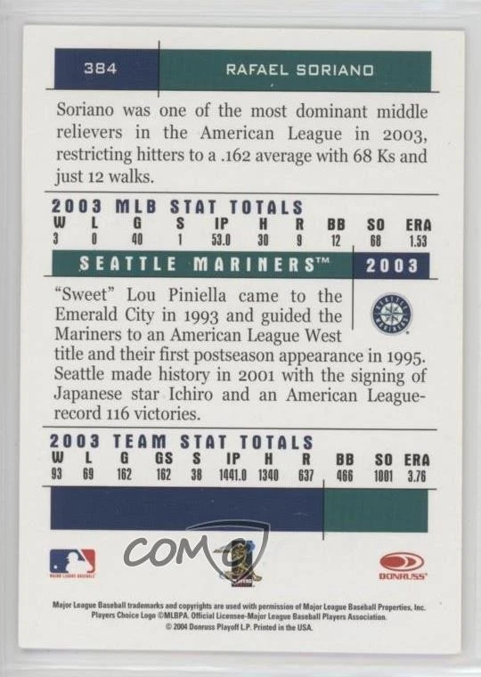 2004 Donruss Team Heroes Auto Rafael Soriano #384 Auto - Image 2 of 2