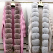 Natural Fur Coat Knitted Sweater Striped Placket Fur Warm Knitted Coat Real Fur