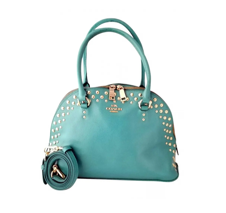 Coach MEDIUM F35216 Sierra Turquoise Blue Studded Leather Top Zip Satchel