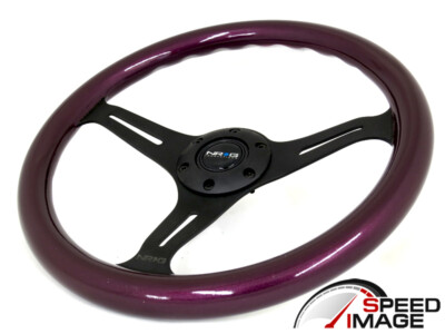 NRG 350MM BLACK STEERING WHEEL 3 SPOKE CENTER PURPLE WOOD ST-015BK-PP CLASSIC