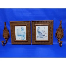 vtg 80s 1981 HOMCO Faux Rattan Wicker Picture Frame & Sconce Set 3282 4226
