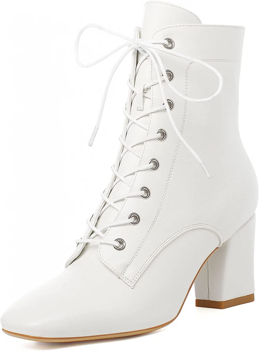 White lace up shop high heel boots
