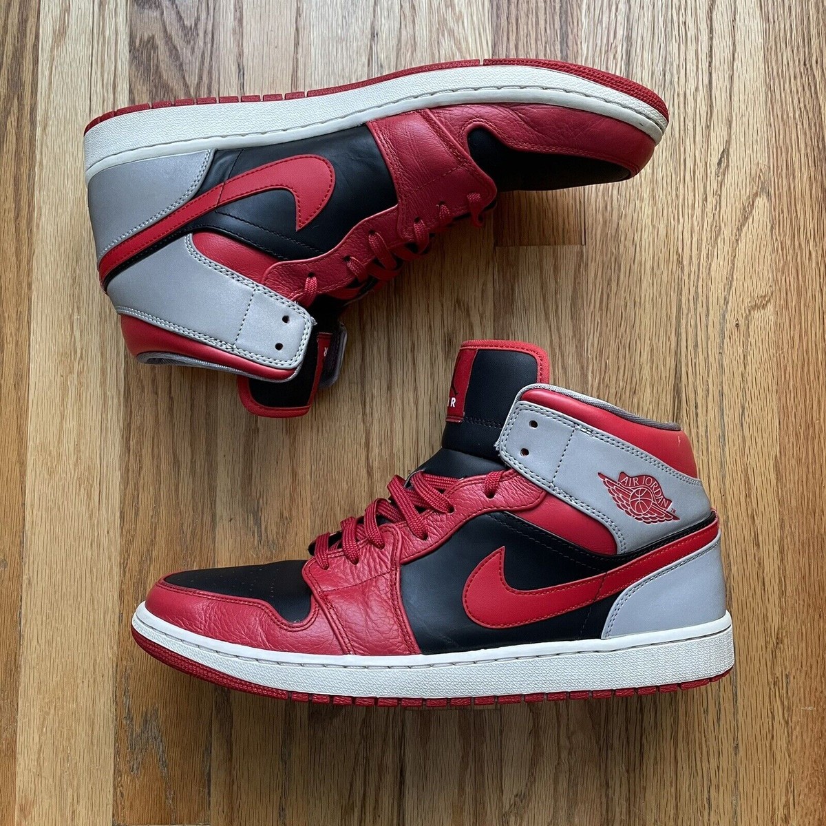 Men's Nike Air Jordan 1 Mid Fire Red Bred Black Cement Gray Sz 13
