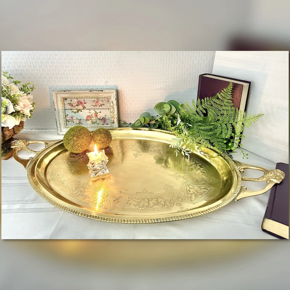 Med Brass Vintage Serving Tray hand etched with handles Mid Century Modern - - Image 4 of 4
