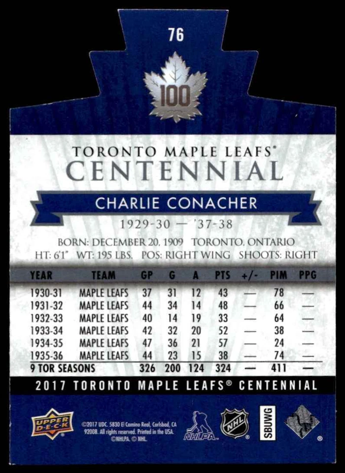 2017-18 Upper Deck Toronto Maple Leafs Centennial Charlie Conacher DIE CUT #76 - Image 2 of 2