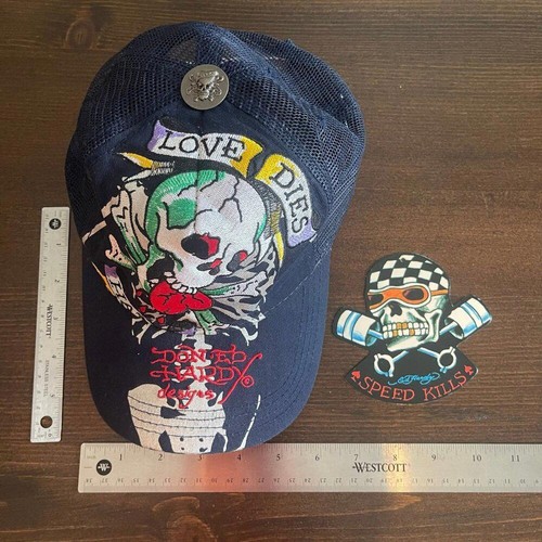 Vintage Y2K 2000s Ed Hardy “Love Dies Hard” Rhinestone Trucker Hat - Picture 2 of 8