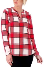 Denim & Co. Printed Heavenly Jersey Split Neck Long Slv Top Cardinal