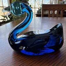 Vintage Viking Cobalt Blue Glass Swan Paperweight MCM~Art Glass~Sculpture