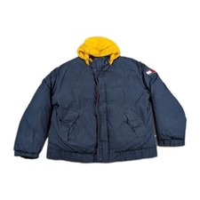 Vintage Tommy Hilfiger Jacket Down Puffer Coat Navy Blue Mens Size XL 90s Hooded