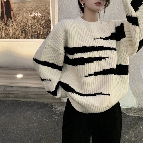 Women Thick Zebra Striped Knitted Sweater Tops Round Neck Long Sleeve Loose Tops - Picture 5 of 8