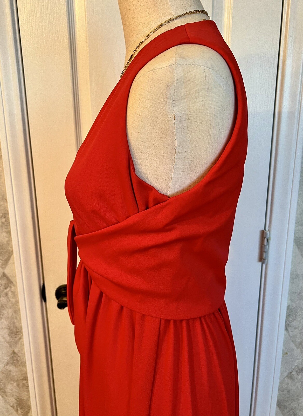 Vintage ANNE FOGARTY 1970's Sleeveless Red Maxi Dress Size 14 Tie Belt