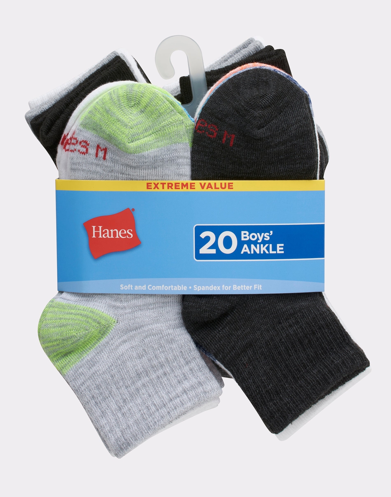 Hanes Ankle Socks 20-Pack Boys Lightweight Soft Ez Sort Stretch Comfort sz S-L-image