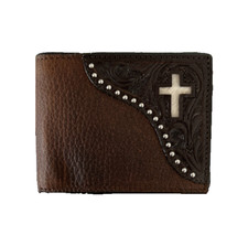 Western Dark Brown Leather Bifold Wallet Cowhide Inlay Cross Silver Stud Accent