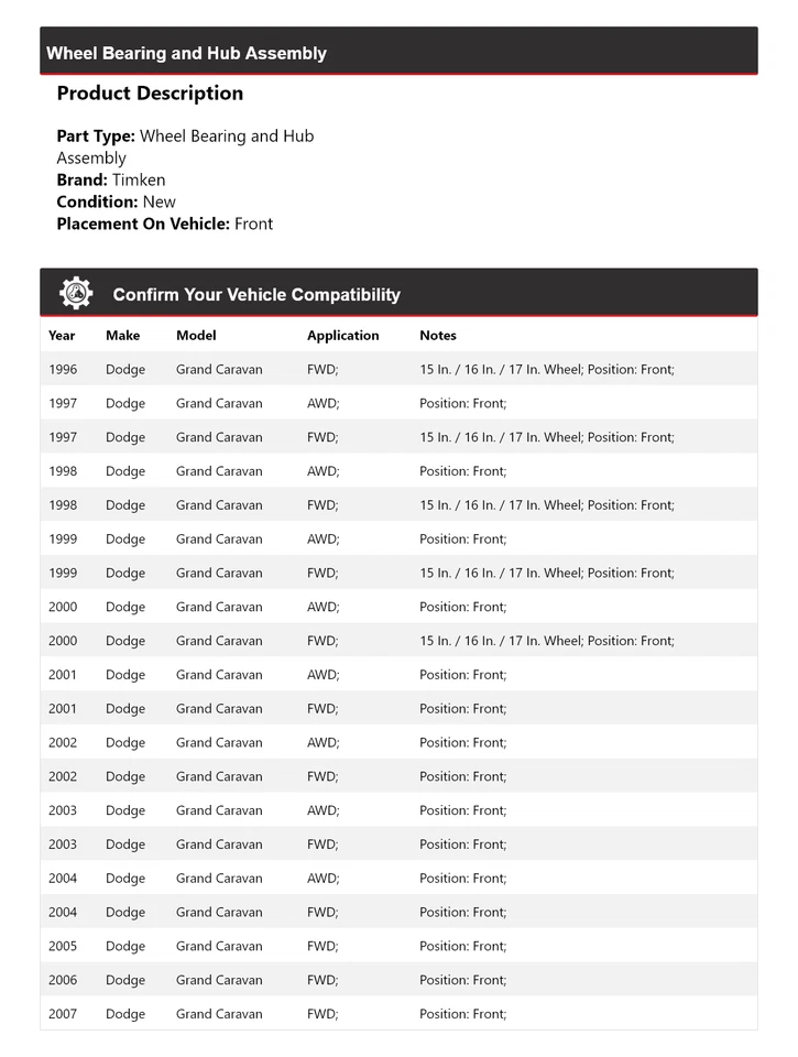 Para 1996-2007 Dodge Grand Caravan rolamento de roda e conjunto de cubo dianteiro Timken - Imagem 2 de 4