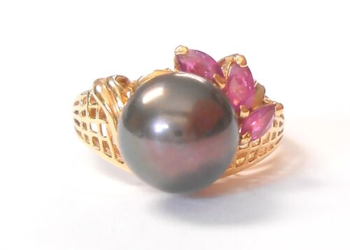 Gorgeous 8.5mm Black Pearl 3 Marquise Ruby 18K Yellow Gold Filigree Ring Siz 6.5