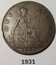 1931 George V One Penny Coin. Usual Marks & signs of Wear for age. See photos.