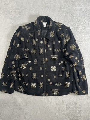 Graff Jacket Womans Size XL Black Gold Victorian Shapes Full Zip Vintage