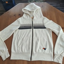 Read /Look Aviator Nation 5 Stripe Zip Up Hoodie Cream Size XS Gray Stripes "