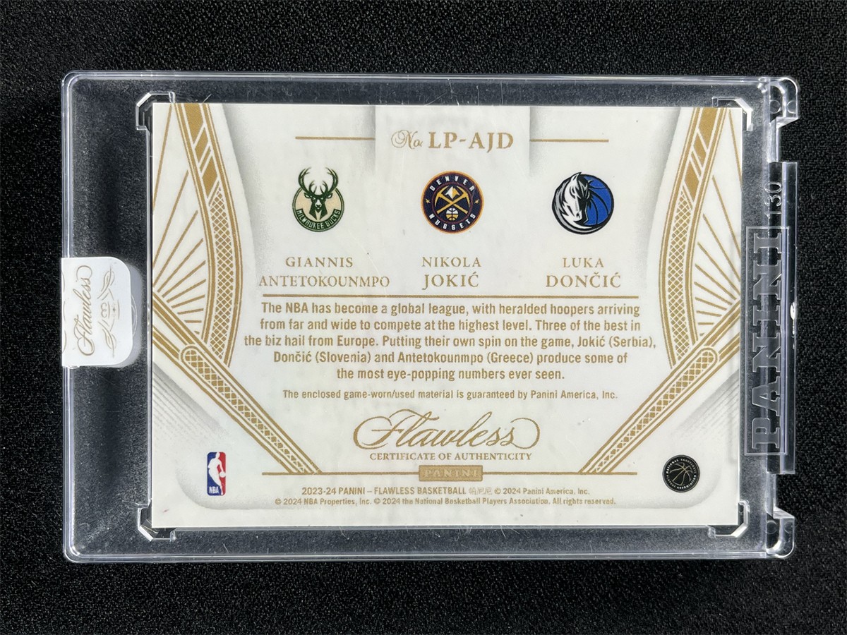 1/1 One Of One ! 2023-24 Flawless Giannis/Jokic/Doncic Platinum Triple Tag Patch view 2