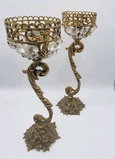 Two vintage Rococo Baroque brass and crystal candleholders12.5" Made In Spain 