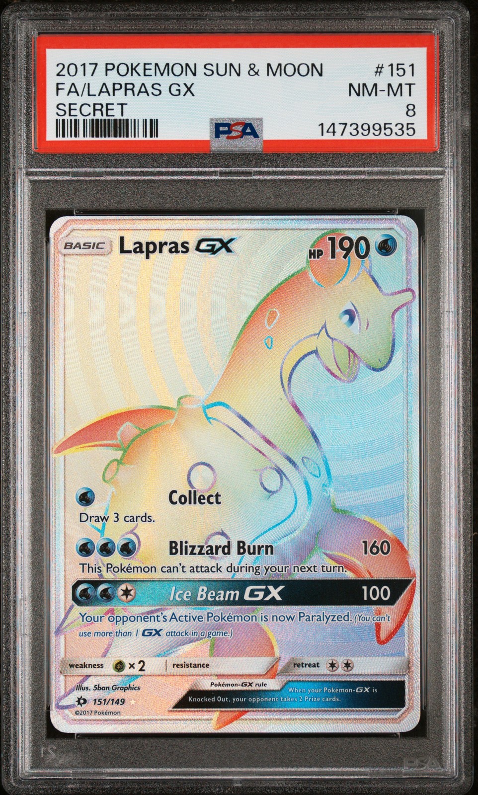 2017 POKEMON SUN & MOON SECRET #151 FULL ART/LAPRAS GX PSA 8