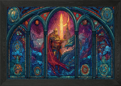 Glasmalerei Ritter und Drache gerahmtes Wandbild Poster Leinwanddruck Bild