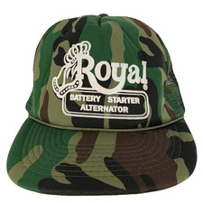Vtg Royal Battery Cap Camouflage Logo Mesh Snap Back Trucker Baseball Camo Hat