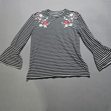 Loft Striped Long Sleeve Blouse medium Floral Embroidery top