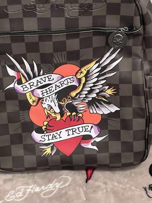 Ed Hardy Backpack Checkered Brown Brave Hearts Stay True  display picture 2